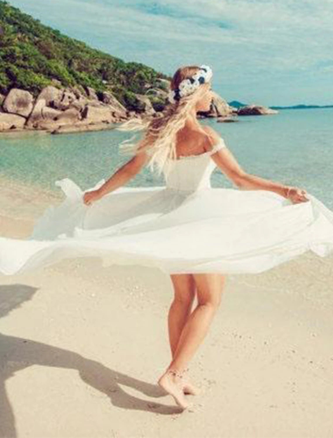 Wholesale  Beach Sexy Boho Wedding Dresses A-Line Off Shoulder Cap Sleeve Court Train Chiffon Bridal Gowns With Split Front Solid